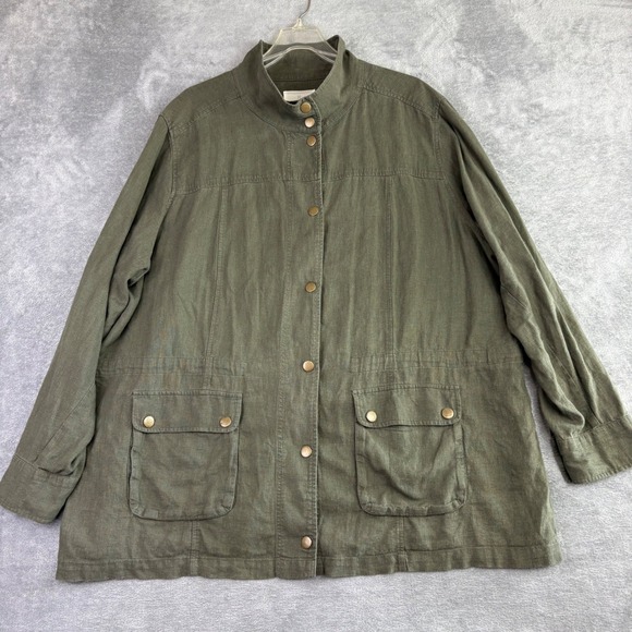 Caslon Women's 3X Green Linen Blend Button Front Utility Jacket Field Military - Picture 1 of 11